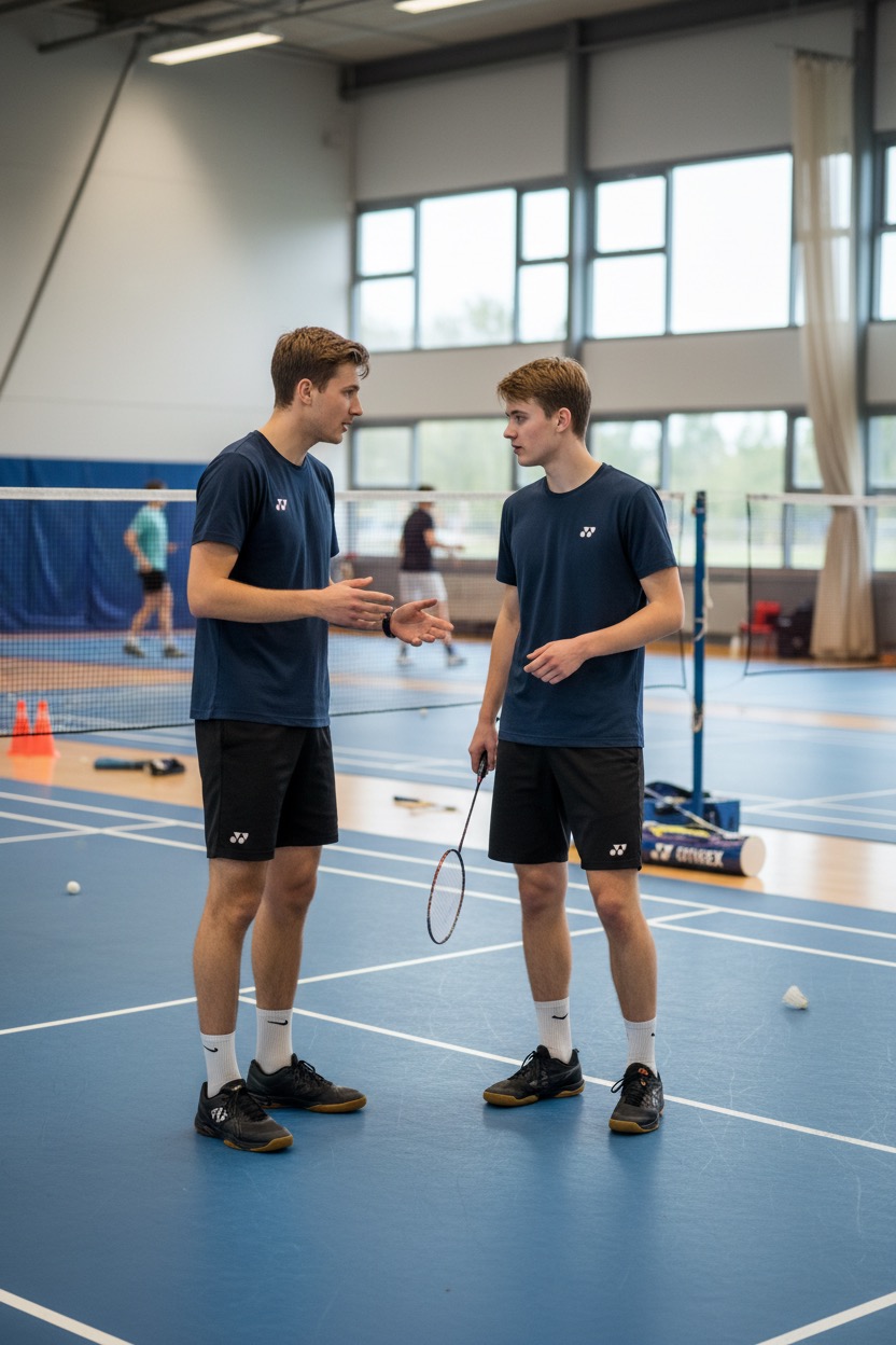 To unge mænd i mørkeblåt sportstøj taler sammen på en badmintonbane.